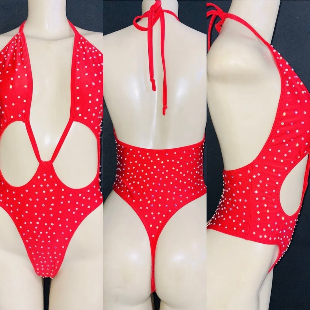 Red Rhinestone exotic dancer stripper performance one piece romper thong sexy